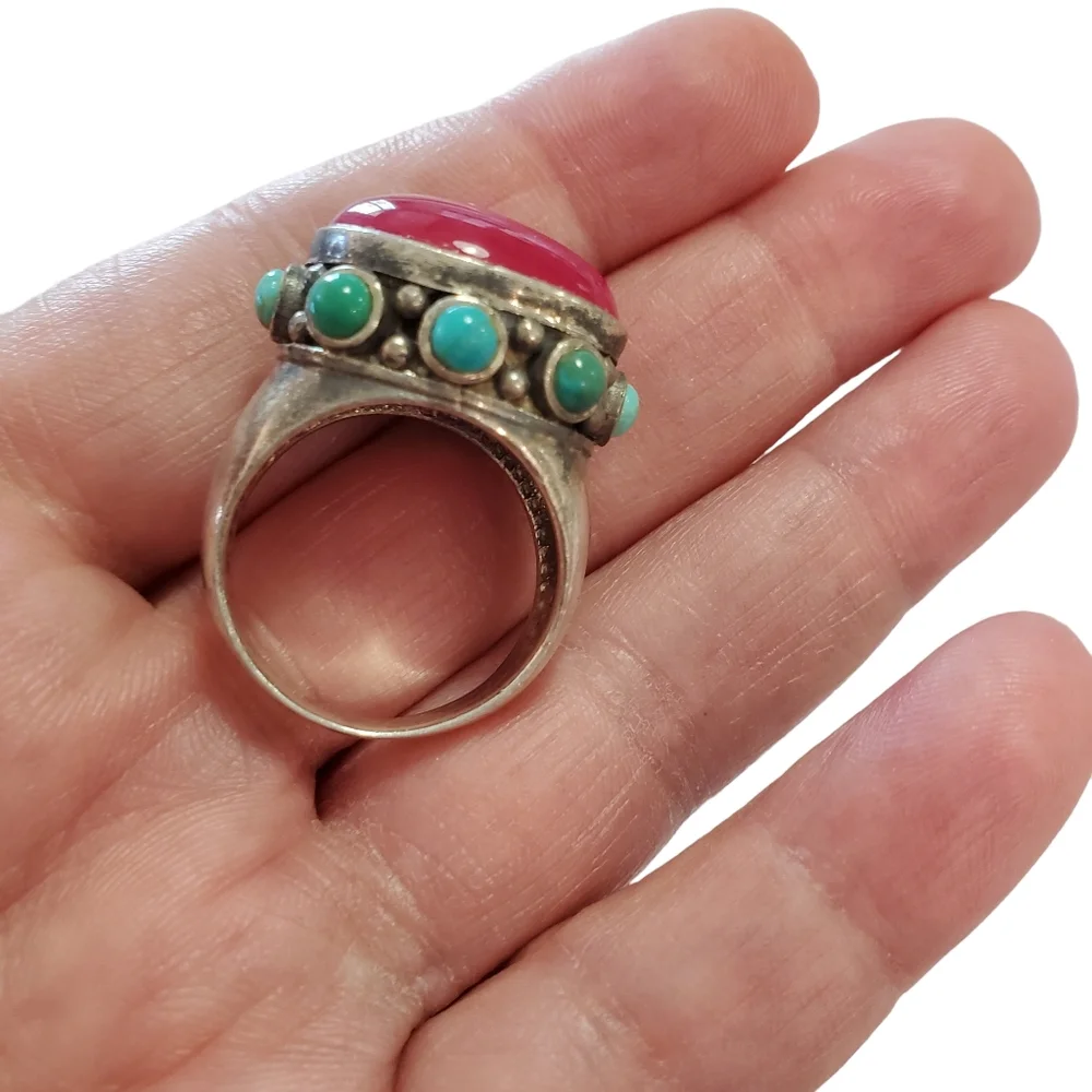 Vintage Sterling Large Turquoise and Gemstone Ring - Picture 11 of 15